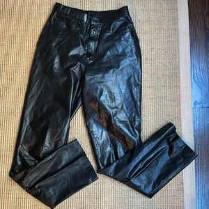 Vintage 80s glossy black genuine leather straight leg jeans pants S (2-4)